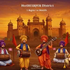 A vibrant scene capturing the essence of Hoshiarpur District's rich cultural and historical heritage. In the foreground, a group of Indian musicians dressed in traditional Punjabi attire, playing instruments like the dhol and sitar, surrounded by colorful festival decorations. Behind them, an ancient fort with intricate architectural details stands majestically, symbolizing the district's historical significance. The sky is a blend of saffron and peacock blue hues, creating a magical twilight ambiance. Traditional motifs like lotus flowers and mandalas subtly embellish the scene, adding a touch of spirituality. The art style merges traditional Indian art forms with modern digital aesthetics, featuring rich, deep colors and intricate patterns to entice and captivate the viewer.
