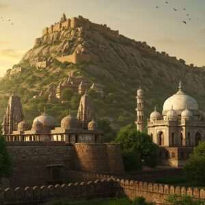 A serene landscape featuring the majestic Girnar mountain, with its lush greenery and ancient temples perched along its slopes. In the foreground, the grand Uparkot Fort stands with its robust stone walls, showcasing its historical grandeur. Beside it, the intricately designed Mahabat Maqbara, with its elaborate domes and minarets, highlights Indo-Islamic architecture. The scene is bathed in a warm golden light, enhancing the rich colors of the architecture and nature. Traditional Indian motifs subtly blend into the modern digital aesthetic, creating a harmonious balance between heritage and innovation. The atmosphere exudes a spiritual and historical allure, inviting viewers to explore Junagadh's rich cultural tapestry.