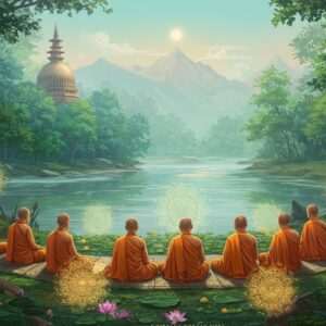A serene Indian landscape with lush greenery, featuring a tranquil river meandering through a dense forest. In the foreground, a group of Indian monks in traditional saffron robes are engaged in mindful meditation. They sit on a platform surrounded by delicate lotus flowers and glowing mandalas, symbolizing peace and enlightenment. The scene is imbued with soft pastel hues of blue, green, and gold, reflecting an ethereal glow. A traditional Buddhist stupa is visible in the background, blending harmoniously with the natural environment. This digital artwork captures the essence of Navayana Buddhism's connection with nature and its commitment to ecological sustainability and social justice.