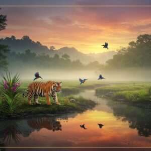 A breathtaking landscape of West Bengal's hidden protected area, depicting a tranquil sunrise over lush greenery. The scene is dotted with vibrant flora, including rare orchids and exotic plants native to the region. In the foreground, a majestic Bengal tiger prowls gracefully along a riverbank, its reflection shimmering in the clear water. A flock of colorful kingfishers flutters nearby, adding a splash of color to the serene setting. The background showcases rolling hills and misty forests, creating an ethereal atmosphere. The composition is infused with rich colors like maroon, peacock blue, and gold, reflecting the state's cultural heritage while maintaining a modern digital aesthetic. The overall ambiance is serene and inviting, perfectly capturing the essence of West Bengal's natural beauty and biodiversity.