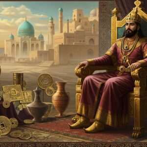 A majestic depiction of a Kushano-Sasanian king seated on an ornate throne, adorned in elaborate robes and intricate jewelry, reflecting the opulence of the dynasty. The background features an ancient cityscape with architectural elements inspired by Central Asian and Indian designs, bathed in a serene, ethereal glow. In the foreground, a collection of artifacts like coins, pottery, and intricate carvings are displayed, showcasing the cultural richness and artistic achievements of the era. The art style combines traditional motifs with a modern digital aesthetic, using a palette of rich maroons, golds, and peacock blues to convey both historical depth and contemporary appeal. The overall atmosphere is one of regal splendor and historical intrigue.