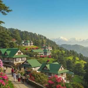 A serene, picturesque depiction of Shimla in the spring season, capturing the charming essence of this hill station. Lush green hills covered with blooming rhododendron flowers in vibrant shades of red and pink, with a clear blue sky above. Traditional colonial architecture of quaint cottages with sloping roofs visible amidst the verdant landscape. A gentle golden sunlight bathes the scene, casting soft shadows and highlighting the tranquil ambiance. Tourists dressed in modern attire, enjoying a leisurely walk on The Mall Road, taking in the breathtaking views. In the background, snow-capped peaks of the Himalayas stand majestically, completing the serene and captivating scene. The art style should be a fusion of traditional Indian art forms with modern digital aesthetics, using a rich color palette that includes gold, saffron, and peacock blue.