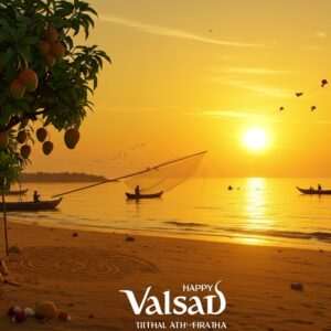 A serene coastal scene capturing the essence of Valsad, with a golden-hued sunset casting a warm glow over Tithal Beach. The foreground features vibrant mango trees laden with ripe fruits, symbolizing Valsad's famous produce. Intricate Indian cultural patterns subtly woven into the sand, reflecting the region's rich heritage. Silhouettes of local fishermen casting nets into the calm, shimmering sea, while a festive atmosphere is suggested by distant, colorful kites soaring in the sky. The art style blends traditional Indian motifs with modern digital aesthetics, employing rich colors and soft, ethereal lighting to create an inviting and enchanting scene.