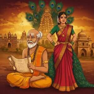 A vibrant and intricate digital illustration showcasing the rich cultural heritage of Karnataka. In the foreground, a wise elderly Indian man in traditional attire with a serene expression sits cross-legged, holding ancient scrolls. Beside him, a young Indian woman, embodying modernity, stands confidently in a fusion of traditional and contemporary attire. She is gazing towards the horizon with determination. Behind them, an ethereal backdrop of iconic Karnataka landmarks like the Mysore Palace, Hampi's ruins, and the Gol Gumbaz is bathed in soft, golden sunlight. The scene is adorned with cultural motifs such as peacock feathers and intricate patterns reminiscent of Madhubani art. The colors are deep and rich, with gold, maroon, and peacock blue prominently featured. The overall tone is one of harmony between tradition and modernity, symbolizing the state's journey from its historic past to a promising future.
