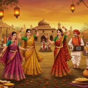 A vibrant depiction of a traditional Bhojpuri festival scene, with men and women in colorful attire performing lively folk dances like Jhumar and Kajri against the backdrop of a beautifully adorned village setting. The women wear vibrant sarees with intricate patterns, and the men are in dhotis and kurtas, adorned with traditional jewelry. There are stalls showcasing traditional Bhojpuri cuisine, with steaming pots of litti chokha, the aroma wafting through the air. In the background, a group of musicians plays traditional instruments like the dholak and harmonium. The sky is painted in hues of saffron and gold, with soft glowing lanterns hanging above, adding a serene, ethereal touch to the scene. The entire setting captures the cultural richness and festive spirit of the Bhojpuri region, blending tradition with modern digital aesthetics, featuring rich colors and intricate patterns.