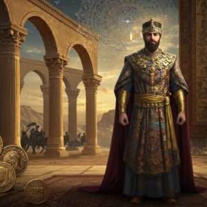 A grand and detailed illustration of a Kushano-Sasanian ruler, adorned in rich, intricately patterned robes that blend traditional motifs with modern digital aesthetics. The ruler stands confidently amidst a backdrop of ancient architectural elements inspired by Kushano-Sasanian art, featuring ornate pillars and arches. The scene is bathed in a palette of rich golds, deep maroons, and peacock blues, with a glowing mandala subtly incorporated into the sky to symbolize their cultural influence. Surrounding the ruler are symbols of their legacy: coins with detailed engravings, and a tapestry showing interactions with other empires. The art style should be hyperrealistic yet maintain a touch of ethereal fantasy, capturing both the historical grandeur and the modern digital elegance. The focus is on the harmonious blend of history and innovation, embodying the Kushano-Sasanians' lasting impact.