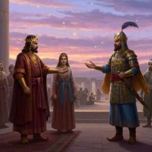 A captivating scene depicting the meeting of the Kushan and Sasanian emperors, set against a grand backdrop of an ancient palace. The Kushan emperor is adorned in rich, vibrant robes of deep red and gold, with a crown featuring intricate patterns inspired by traditional Indian art forms. The Sasanian emperor stands regally, wearing elaborate armor with motifs of Persian influence, including stylized winged horses. They are surrounded by courtiers, showcasing a blend of Indian and Persian cultural attire. The atmosphere is charged with tension yet diplomacy, with a mystical sky painted in soft pastels and glowing lights that highlight the opulence and power of these empires. The image captures the grandeur and significance of this historical interaction, inviting readers to delve into the fascinating narrative of the Kushano-Sasanians.