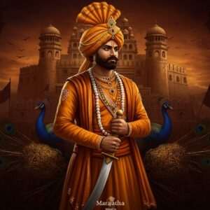 An Indian warrior in regal Maratha attire, featuring a richly embroidered saffron turban and intricate gold jewelry, stands proudly against a backdrop of an ancient Maratha fort. The warrior is holding a traditional talwar sword, with a confident gaze towards the horizon. Surrounding him are symbols of the Maratha Empire, such as peacock feathers and lotus motifs, integrated into the design. The scene is infused with deep, rich colors like maroon and peacock blue, capturing the essence of the Maratha Era's grandeur and power. The art style blends traditional Indian art forms with modern digital aesthetics, creating a captivating and culturally rich image.