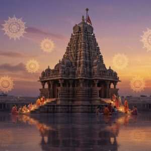 An ethereal depiction of the Tirthesvara Siva Temple set against a twilight sky with hues of soft purple and warm gold. The temple, crafted with intricate carvings and adorned with traditional motifs, stands majestically. Surrounding the temple are glowing mandalas, subtly hovering in the air, casting a serene light over the scene. In the foreground, a tranquil water surface reflects the temple and sky, creating a surreal mirror effect. A group of Indian devotees in traditional attire, with soft, respectful expressions, are engaged in a peaceful ritual near the temple steps. The atmosphere is calm yet spiritually charged, evoking a sense of wonder and reverence.
