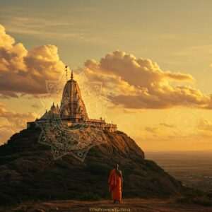 A surreal and mystical scene of the sacred town of Jejuri, with its iconic temple perched atop a hill under a twilight sky. The landscape is bathed in a golden, ethereal glow, with intricate patterns reminiscent of traditional Indian art subtly woven into the clouds and terrain. The temple itself is adorned with soft, glowing mandalas and surrounded by stylized lotus flowers. In the foreground, a lone figure dressed in a traditional Indian dhoti and shawl stands in contemplation, embodying the fusion of religion, tradition, and modernity. The scene is serene, with warm, pastel hues of gold, peacock blue, and saffron dominating the palette, evoking a sense of spirituality and timelessness.