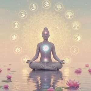 A serene and ethereal scene depicting a meditative Indian figure seated in lotus position, surrounded by a halo of glowing, intricate mandalas and sacred symbols from various spiritual traditions, including Om, yin-yang, and the Tree of Life. The figure is enveloped in a soft glow, with a pastel color palette of warm gold, soft blue, and pale pink, evoking a sense of tranquility and mindfulness. The background features a calm water surface reflecting the symbols, with gently floating lotus flowers. The overall composition balances tradition with modern digital aesthetics, inviting viewers to explore the spiritual significance of these symbols.