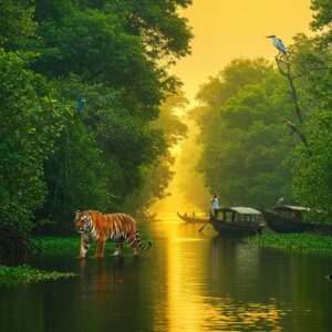 A breathtaking landscape of the Sundarbans in West Bengal, showcasing the dense mangrove forest with vibrant shades of green and blue. A majestic Bengal tiger is seen gracefully walking through the lush foliage, its orange and black stripes striking against the greenery. In the foreground, a serene river reflects the golden light of the setting sun, creating a tranquil atmosphere. Traditional Indian boats with intricate carvings glide peacefully on the water. In the background, a glimpse of exotic birds like kingfishers and herons adds to the natural allure. The art style combines the rich, deep colors and intricate patterns of traditional Indian art with a modern digital aesthetic, highlighting the surreal beauty of this protected area.