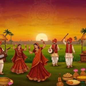 A vibrant and colorful scene depicting a traditional Bhojpuri village festival, with Indian men and women in traditional attire performing folk dances and playing traditional instruments like dholak and harmonium. The women are wearing bright lehengas with intricate patterns, while the men are in kurta-pajamas, showcasing the rich cultural attire. The background features lush green fields and a vivid sunset sky in hues of saffron and maroon, with a modern touch through digital aesthetics. There are stalls showcasing Bhojpuri cuisine, like litti chokha and the aroma wafting in the air. Glowing mandalas and lotus flowers subtly integrated into the scene, adding a spiritual essence. The overall ambiance is lively and festive, with a sense of community and celebration, inviting the viewer to explore the depth of Bhojpuri traditions.