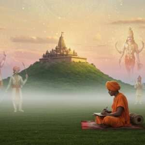 An ethereal depiction of the spiritual atmosphere of Jejuri: a serene, glowing landscape featuring the famous Jejuri temple perched atop a lush green hill, enveloped in soft, golden light. In the foreground, a traditional Indian poet dressed in simple, flowing attire is seated cross-legged, deeply engrossed in writing. Around him, ethereal figures of local deities and historical warriors emerge subtly from the mist, creating an aura of divine inspiration. The sky is painted in warm pastels with glowing mandalas gently shimmering, symbolizing spiritual enlightenment. The art style combines intricate cultural motifs with a modern digital aesthetic, capturing the essence of heritage and spirituality.