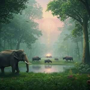 A mesmerizing landscape of Gorumara National Park, showcasing its lush greenery and vibrant wildlife. In the foreground, a majestic Indian elephant gracefully strides through the dense forest, surrounded by towering teak and sal trees. The scene is bathed in soft, ethereal light, creating a surreal and tranquil atmosphere. In the background, a group of Indian bison grazes peacefully near a serene water body, reflecting the pastel colors of the sky. Intricate patterns inspired by traditional Indian art forms subtly embellish the foliage, adding depth and cultural richness. A faint glow emanates from the center of the scene, symbolizing the park's spiritual connection to nature. The art style blends modern digital aesthetics with heritage motifs, using rich colors like deep greens, warm golds, and peacock blues to create an alluring and harmonious visual experience.