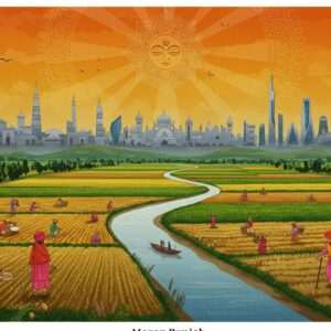 A modern digital illustration capturing the vibrant landscape of Moron-Punjab in 2025. The scene showcases a blend of lush, fertile fields and modern urban architecture, with a serene river flowing through. The foreground features traditional Indian farmers in colorful attire working the fields, juxtaposed with the background of sleek, futuristic cityscapes. The sky is a blend of rich saffron and peacock blue hues, with a glowing mandala sun rising, symbolizing progress and harmony. Intricate patterns of Madhubani art subtly integrated into the landscape add cultural depth. The overall tone is one of growth, tradition meeting innovation, and tranquility.