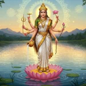 Goddess Ganga, depicted as a radiant Indian deity with four arms, stands gracefully atop a lotus flower emerging from serene, calm waters. She is adorned in a flowing white saree with gold and silver embellishments, her expression serene and compassionate. Her right hand holds a water pot, symbolizing purity, while the other hand holds a lotus. The remaining hands are in blessing and protection mudras. Her hair cascades like the flowing river, shimmering in the soft pastel hues of morning light. Surrounding her are glowing mandalas and ethereal waves of water that reflect the gentle light of dawn. The scene is framed by lush greenery and distant Himalayan mountains, with soft, warm golden light illuminating her figure, creating an aura of divinity and tranquility. The art style is a harmonious blend of traditional Indian art and modern digital aesthetics, capturing the spiritual essence of Goddess Ganga.