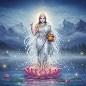 Goddess Ganga, depicted as a beautiful Indian woman with flowing, ethereal long hair that resembles a cascading river, is adorned in a luminous white and silver saree. She stands gracefully atop a lotus flower floating on calm, reflective waters. Her serene face radiates tranquility, with gentle eyes gazing into the distance. Surrounding her are soft, glowing lights and pastel hues of blue and gold that create an ethereal atmosphere. In one hand, she holds a water pot (kamandalu), symbolizing purity, while her other hand is raised in a blessing gesture. The background features a majestic, digital rendering of the Himalayas, where the river originates, shrouded in a mystical, serene mist. The scene embodies spirituality and reverence, with intricate patterns reminiscent of Madhubani art subtly interwoven into the surroundings.