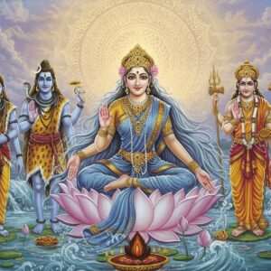 A serene and ethereal portrayal of Goddess Ganga, depicted with cascading water-like flowing hair adorned with lotus flowers and soft pastel hues of blue and gold. She is gracefully seated on a lotus, with a gentle river flowing around her, symbolizing purity and life. Surrounding her are divine figures: Lord Shiva with his iconic crescent moon and trident, Lord Vishnu with his conch and discus, and Kartikeya holding his spear. Each deity is depicted in traditional attire with intricate patterns and motifs, yet with a modern digital aesthetic touch. The scene is set under a glowing mandala in the sky, casting a warm, spiritual light over the entire composition, creating an atmosphere of divine harmony and connection.