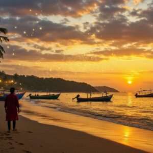 An enchanting scene of Gokarna's serene Kudle Beach at sunset, with the vibrant colors of the sky reflecting off the tranquil waters. The beach is dotted with a few traditional Indian fishing boats and lush palm trees swaying gently in the breeze. In the foreground, a lone traveler in a flowing maroon kurta stands on the sandy shore, gazing towards the horizon. The scene is infused with warm gold and saffron hues, capturing the essence of peace and adventure. Soft, glowing lights enhance the ethereal quality of the moment. The image is a fusion of digital artistry and cultural motifs, with intricate patterns subtly embedded in the clouds and waves, evoking a sense of spirituality and wanderlust.
