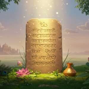 An ancient stone tablet intricately carved with the Halmidi Inscription, partially illuminated by a soft golden glow. The tablet is placed on a bed of lush green foliage and surrounded by traditional Indian motifs like lotus flowers and peacock feathers. In the background, a serene, pastel-colored landscape with ethereal light beams gently descending from above. The scene conveys a sense of discovery and reverence, with subtle hints of traditional Indian architecture in the distance. The art style merges traditional Indian aesthetics with modern digital artistry, emphasizing rich textures and a harmonious blend of colors.