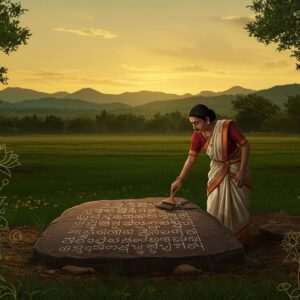 A historical scene depicting an ancient Indian stone inscription being discovered amidst lush green landscapes, with an archeologist gently brushing away the dirt to reveal intricate Kannada script carved into the stone. The setting features a serene backdrop of tall trees and distant mountains under a warm, golden-hued sky. The scene is illuminated by soft, glowing light, highlighting the rich maroon and peacock blue tones of the archeologist's traditional attire. Delicate, stylized mandalas and lotus motifs subtly integrate into the design of the landscape, lending a modern digital aesthetic that balances tradition and innovation. The mood is one of revelation and wonder, capturing the significance of the Halmidi inscription in unraveling the origins of Kannada script.