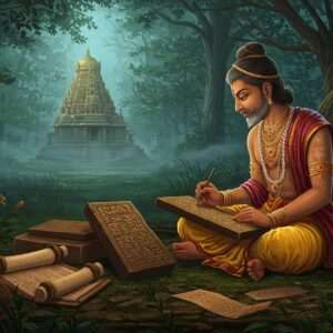 An intricately detailed scene of an ancient Indian scribe from Karnataka, sitting cross-legged in a lush, serene forest setting, surrounded by scrolls and ancient scripts. The scribe is depicted in traditional attire with elaborate patterns reminiscent of Madhubani and Pattachitra art, using a stylus to carve on a stone tablet, symbolizing the Halmidi Inscription. In the background, a faint silhouette of a temple is visible through the misty trees, adorned with intricate carvings and motifs. The color palette includes rich golds, maroons, and peacock blues, with soft, ethereal lighting creating a spiritual and historical ambiance. The overall mood is one of discovery and reverence, capturing the essence of Karnataka's rich history coming to light.