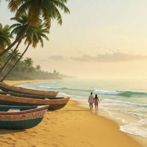 A serene scene of a hidden beach in Karnataka, featuring golden sands kissed by gentle turquoise waves under a soft pastel sky. In the foreground, a few colorful traditional Indian fishing boats rest on the shore, adorned with intricate patterns reminiscent of Madhubani art. Palm trees sway gracefully in the warm breeze, casting shadows on the sand. The horizon glows with a warm golden light, reflecting off the calm water surface. A couple of Indian travelers, dressed in casual, modern attire, walk along the beach, their expressions peaceful and content. The overall atmosphere is tranquil and inviting, emphasizing the untouched beauty and serenity of these hidden gems. The art style combines digital realism with elements of traditional Indian aesthetics.
