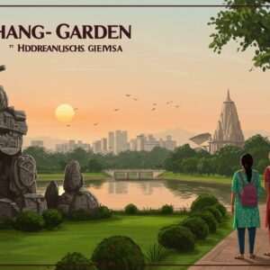 A vibrant and modern artistic portrayal of Chandigarh's hidden gems. A serene scene capturing the lush greenery and unique architecture of the city, featuring the iconic Rock Garden with its intricate sculptures made from industrial and urban waste. In the background, the tranquil Sukhna Lake reflecting the warm hues of a setting sun. A couple of Indian tourists, dressed in casual yet stylish attire, stand admiring the beauty, their expressions filled with awe and wonder. The sky is a canvas of soft pastels, adding a dreamy ambiance. The art style should merge traditional Indian motifs with contemporary digital aesthetics, incorporating rich colors like maroon and peacock blue to highlight cultural richness and modern exploration.