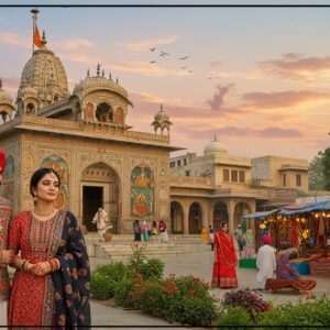 A vibrant scene depicting the rich heritage of Hoshiarpur District, blending traditional and modern elements. In the foreground, a picturesque Indian couple dressed in elegant, contemporary attire with traditional Indian motifs, standing in front of an ancient, intricately carved temple with vivid murals. The temple is surrounded by lush greenery and colorful, exotic flowers. In the background, a bustling marketplace is alive with stalls showcasing local crafts, textiles, and aromatic street food. The sky is painted in a serene blend of pastel hues with a soft glow from the setting sun. The image should convey a sense of cultural richness and exploration, inviting the viewer to dive into the heritage and beauty of Hoshiarpur in 2025. Art style combines traditional Indian aesthetics with modern digital design, emphasizing rich colors and intricate patterns.