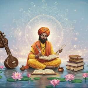 A serene, ethereal scene depicting an Indian scholar seated in a tranquil, lotus-filled pond, engrossed in ancient Indian scriptures. The background is adorned with a glowing, intricate mandala symbolizing knowledge and enlightenment. The scholar, dressed in traditional attire with subtle modern elements, holds a scroll in one hand and a quill in the other. Around him, symbols of logic and wisdom such as the Veena (a traditional musical instrument) and a collection of ancient books are artistically integrated. The color palette is a harmonious blend of soft blues, pale pinks, and warm golds, with gentle glowing lights that create an aura of peaceful intellect. The overall tone exudes tranquility, mindfulness, and a deep connection to heritage, perfectly blending tradition with modern aesthetics.