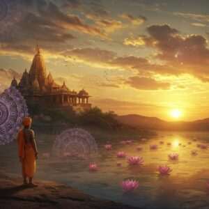 An ethereal depiction of the temple town of Jejuri, bathed in the golden hues of a mystical sunrise. The scene captures the essence of Kolatkar's poem, with an intricate landscape featuring the famous Jejuri temple perched atop a hill. Surrounding the temple are softly glowing mandalas in pastel colors, and lotus flowers floating on a serene water surface, symbolizing spirituality and faith. In the foreground, an Indian man dressed in traditional attire stands contemplatively, embodying themes of doubt and disillusionment. The air is filled with a surreal atmosphere, where saffron and maroon clouds merge with peacock blue skies. The art style merges traditional Indian motifs with modern digital aesthetics, creating a tranquil yet thought-provoking image that invites reflection on the poem's deeper meanings.