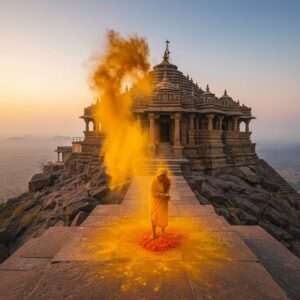 A breathtaking view of the Jejuri Temple perched atop a hill, surrounded by a vast expanse of rugged terrain. The temple, bathed in a warm golden hue, is adorned with intricate carvings and traditional Indian architectural elements. In the foreground, a devotee is gently scattering vibrant yellow turmeric powder, which swirls magically through the air, creating an ethereal aura around the temple. Soft pastel hues of dawn light illuminate the scene, casting a serene glow across the landscape. The distant sky is painted with delicate shades of soft blue and pale pink, blending harmoniously with the spiritual essence of the temple. The atmosphere is calm and contemplative, inviting the viewer to explore the sacred connection between the temple and its natural surroundings. The art style seamlessly combines traditional Indian motifs with modern digital aesthetics, capturing the essence of spirituality and tranquility.