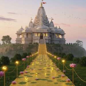A serene and ethereal depiction of Jejuri Temple at dawn, surrounded by lush greenery and a soft, pastel-colored sky. The temple stands majestically on a hill, adorned with intricate patterns reminiscent of traditional Indian art forms like Madhubani and Pattachitra. In the foreground, a golden pathway lined with delicate lotus flowers leads up to the temple, inviting viewers to explore. Soft glowing lights emanate from the temple's windows, casting a warm, inviting glow. The scene captures a sense of tranquility and spirituality, with subtle touches of modern digital aesthetics enhancing the traditional elements. The atmosphere is peaceful yet captivating, drawing the viewer into the poetic essence of Jejuri.