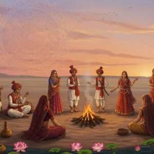 An intricate and vibrant depiction of a traditional Johiya Clan gathering, set in an open desert landscape under a vast, pastel sunset sky. The scene is adorned with figures dressed in traditional attire, featuring ornate turbans and vibrant sarees in hues of maroon, saffron, and peacock blue. The elders are seen sharing stories, while younger members engage in a cultural dance around a bonfire, their movements fluid and joyful. In the background, a large, intricately patterned mandala hovers above, symbolizing unity and heritage. The foreground is embellished with detailed motifs of lotus flowers and Hindu spiritual symbols, bathed in a soft, ethereal glow. The overall aesthetic combines elements of traditional Indian art forms with modern digital techniques, creating a serene yet lively atmosphere that celebrates the rich history and culture of the Johiya Clan.