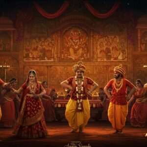 A vibrant, intricately detailed scene showcasing a traditional Joiya cultural festival. In the foreground, Indian men and women dressed in resplendent traditional attire, richly adorned with gold jewelry and intricate patterns, are engaged in a dance ritual. The backdrop features an ornate Pattachitra-inspired mural depicting scenes of daily life and spirituality. The color palette is rich with deep maroon, gold, and peacock blue, highlighted by ethereal glowing lights that create a surreal atmosphere. Elements like stylized lotus flowers and mandalas subtly integrate into the scenery, emphasizing harmony and community spirit. The overall composition has a modern digital aesthetic while respecting cultural authenticity, evoking curiosity and appreciation for the Joiya culture.