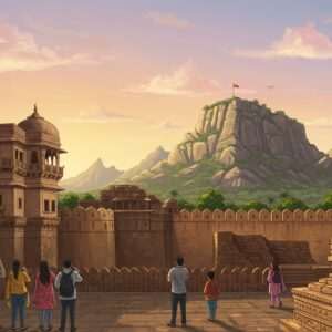 A mesmerizing scene depicting the rich cultural heritage and natural beauty of Junagadh, Gujarat. The foreground showcases the ancient Uparkot Fort, with its majestic stone walls adorned with intricate carvings reminiscent of traditional Indian art forms like Madhubani and Pattachitra. The fort is surrounded by lush greenery, hinting at the Gir National Park's diverse flora and fauna. In the background, the sacred Girnar Hills rise majestically, their peaks kissed by soft pastel clouds and bathed in a warm golden glow, symbolizing the sunrise. A group of Indian travelers, dressed in modern casual attire, stand in awe, capturing photographs and soaking in the serene atmosphere. The scene includes subtle cultural motifs like stylized lotus flowers and glowing mandalas, emphasizing harmony and spirituality. The overall tone is vibrant yet tranquil, inviting readers to explore Junagadh's unique blend of history, nature, and culture.