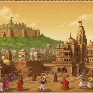 A panoramic view of Junagadh, Gujarat, featuring the majestic Uparkot Fort and the intricate architecture of Mahabat Maqbara, set against a backdrop of lush green hills. The scene captures the essence of Junagadh's rich heritage with elements of traditional Indian art, such as detailed patterns and vibrant colors. The foreground showcases local people in traditional Gujarati attire, engaging in cultural activities, adding life and authenticity to the image. The atmosphere is warm and inviting, with a subtle glow that highlights the historical grandeur and cultural vibrancy. The art style merges traditional Indian art forms with modern digital aesthetics, emphasizing the harmony between history and contemporary allure.