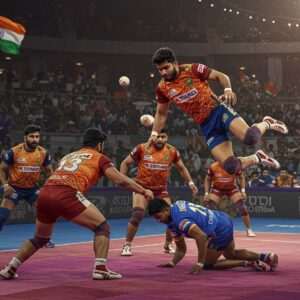 An intense and dynamic scene of a Kabaddi match, with two teams of Indian players in traditional and modern sports attire, engaged in a thrilling game. The foreground features a player mid-air, executing a raid with agility and determination, surrounded by teammates in defensive stances. The players are depicted with expressions of focus and energy, highlighting their athleticism. The background showcases a stadium filled with cheering spectators, vibrant with Indian cultural elements like flags and banners. The color palette is rich with deep maroon, saffron, and peacock blue, capturing the traditional essence of Indian sports. The overall composition is hyper-realistic, blending traditional art patterns subtly within the modern sporting context, creating an image that is both culturally resonant and visually captivating.