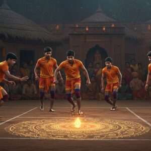 A dynamic scene depicting an ancient Indian village setting where a group of young Indian men are engaged in a game of Kabaddi. They wear traditional dhotis in rich saffron and maroon hues, with gold and peacock blue accents. The backdrop features intricate patterns reminiscent of Madhubani art on the walls of the village huts. A crowd of villagers watches enthusiastically, dressed in vibrant traditional attire. In the foreground, a large, glowing mandala is subtly integrated into the ground, symbolizing the spiritual significance of the game. The scene is infused with a sense of vitality and energy, capturing the historical and cultural essence of Kabaddi with a modern, digital aesthetic that enhances the colors and details. The lighting is soft yet vibrant, highlighting the players' movements and expressions, creating an engaging, ethereal atmosphere.