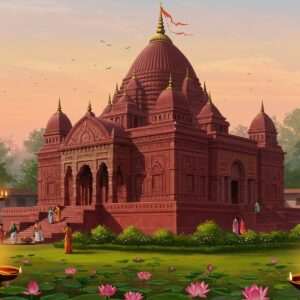 A detailed depiction of the Kamakhya Temple set amidst lush greenery and a serene, mystical atmosphere. The temple's domed structure and beehive-like shikhara are intricately adorned with traditional Assamese carvings and motifs. The foreground features blooming lotus flowers and traditional Assamese lamps, casting a warm, ethereal glow. The sky is a blend of soft pastel colors, with a gentle morning light highlighting the temple's intricate architecture. Indian people in traditional attire can be seen offering prayers, adding a cultural and spiritual touch. The art style should merge traditional Indian artistry with a modern digital aesthetic, emphasizing rich, deep colors like maroon and gold, creating an inviting and captivating scene.