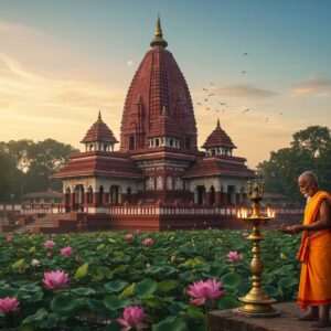 A breathtaking depiction of the sacred Kamakhya Temple perched atop the Nilachal Hill in Assam, bathed in the soft glow of the setting sun. The temple's iconic shikhara (spire) rises majestically, adorned with intricate carvings and vibrant colors of maroon and gold. Surrounding the temple are lush, green trees and blooming lotus flowers, symbolizing purity and spiritual awakening. In the foreground, a serene priest dressed in traditional Assamese attire performs a ritual with a brass lamp, its gentle flame flickering in harmony with the temple's aura. The sky is painted with ethereal hues of pastel blue and warm gold, creating a tranquil atmosphere that reflects the temple's deep spiritual significance. The art style merges traditional Indian motifs with modern digital aesthetics, providing a surreal yet culturally respectful portrayal.