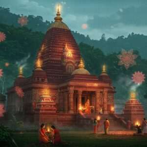 The Kamakhya Temple nestled amidst the lush green hills of Guwahati is depicted in a mesmerizing blend of traditional and modern digital aesthetics. The temple structure is adorned with intricate patterns inspired by Madhubani and Pattachitra art, featuring deep, rich colors like maroon, gold, and peacock blue. The scene is illuminated by soft, ethereal lights casting a surreal glow over the temple. Surrounding the temple are stylized lotus flowers and glowing mandalas, emphasizing its spiritual significance. The atmosphere is serene, with subtle hints of mist creating an enigmatic aura. In the foreground, devotees in traditional Assamese attire participate in ritualistic offerings, their expressions reflecting devotion and reverence. The entire composition balances heritage with innovation, capturing the mystical essence and allure of the Kamakhya Temple as a Shakti Peetha.
