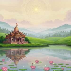 A serene landscape of Karbi Anglong, featuring lush, rolling hills and a tranquil, reflective lake in the foreground. In the center, a beautifully ornate, traditional Indian ashram with intricate carvings and vibrant colors stands amidst the greenery, exuding an aura of peace and spirituality. Surrounding the ashram, delicate lotus flowers float on the water's surface, their petals softly glowing in the gentle sunlight. In the background, layers of ethereal mist weave through the hills, creating a dreamlike atmosphere. Above, a glowing mandala sun casts warm golden hues across the scene, enhancing the sense of tranquility and mindfulness. The art style is a harmonious blend of traditional Indian aesthetics and modern digital illustration, with an emphasis on pastel tones and intricate details.