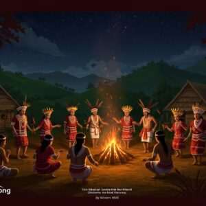A vibrant scene depicting the essence of Karbi Anglong's rich heritage, showcasing a group of tribal people in traditional attire, adorned with colorful beadwork and elaborate headgear. They are gathered in a lively celebration, dancing joyously around a large bonfire under a star-lit night sky. The background features lush green hills and traditional thatched huts. The image is infused with deep, rich colors like maroon, saffron, and gold, highlighting intricate patterns and cultural motifs. The art style should be a blend of traditional Indian art forms with modern digital aesthetics, emphasizing the vibrancy and diversity of the Karbi Anglong tribal communities. The overall tone is one of unity, tradition, and cultural pride.
