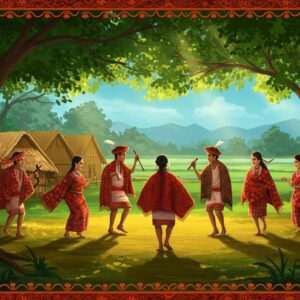 A vibrant scene depicting the essence of Karbi culture in Assam. The image features a traditional Karbi dance, with men and women dressed in colorful, intricately woven attire, including vibrant red and black patterned shawls and skirts. They dance gracefully in a circle under a canopy of lush green trees, with traditional bamboo and cane huts visible in the background. The landscape is adorned with golden sunlight filtering through the leaves, casting a warm glow on the scene. Intricate patterns inspired by Karbi art decorate the borders, while the serene blue sky above contrasts harmoniously with the vibrant colors of the dancers. The art style merges traditional Indian forms with modern digital aesthetics, featuring deep, rich colors and intricate cultural motifs that emphasize the heritage and vibrancy of Karbi traditions.