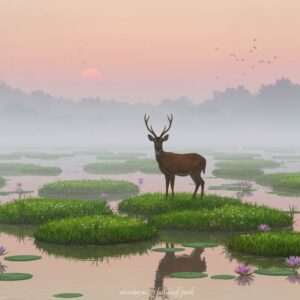 A serene and ethereal digital painting of Keibul Lamjao National Park, showcasing its unique floating ecosystem. The scene depicts the lush greenery of phumdis (floating biomass) gently swaying on Loktak Lake, with a misty, soft pastel sky in the background. In the foreground, an elegant Sangai deer stands gracefully on a patch of phumdi, its delicate antlers silhouetted against the warm, golden glow of the setting sun. Surrounding the deer, water lilies bloom with intricate patterns, their reflections dancing on the calm water surface. The art style combines modern digital aesthetics with traditional Indian motifs, emphasizing tranquility and harmony with nature. The overall atmosphere is one of mystical beauty and ecological wonder, inviting viewers to delve deeper into the story of this unique habitat.