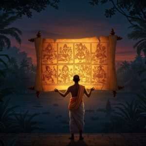 A mesmerizing scene of an ancient Indian scroll unfurled, depicting intricate illustrations from the Keralolpathi myth. The background features a lush Kerala landscape with dense tropical foliage and serene backwaters, bathed in the soft glow of twilight. In the foreground, an Indian scholar in traditional attire, holding the scroll, is illuminated by a warm, ethereal light, symbolizing enlightenment and discovery. The art style merges traditional Pattachitra motifs with modern digital aesthetics, using deep colors like maroon and peacock blue, accentuated by gold detailing. The atmosphere is mystical and inviting, capturing the allure and depth of Kerala's legendary origins.