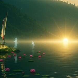 A serene depiction of Khecheopalri Lake, nestled amidst lush green hills of Sikkim, India. The lake's surface is calm and reflective, capturing the soft glow of a warm, golden sunrise. Lotus flowers gently float on the water, symbolizing purity and spirituality. In the background, a traditional Buddhist prayer flag flutters in the gentle breeze, adding a touch of cultural authenticity. The scene is dotted with mythical elements, like subtle, glowing ethereal beings (akin to local folklore spirits) near the lake's edge, emphasizing its sacred nature. The color palette is rich with deep greens, warm golds, and subtle hints of peacock blue. The atmosphere is tranquil and otherworldly, inviting a sense of reverence and curiosity about this sacred site.