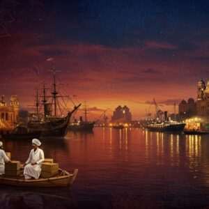 An ethereal digital illustration depicting the iconic Kolkata Port, set against a twilight sky in shades of deep maroon and peacock blue. The scene is framed by intricate patterns inspired by traditional Indian art forms, incorporating cultural motifs like mandalas and lotus flowers. The port is bustling with vintage ships and modern vessels, highlighting its historical significance and evolution. Warm golden lights softly illuminate the water surface, reflecting the grandeur of trade and maritime legacy. Indian sailors in traditional attire are seen engaging in vibrant trade activities, exuding a sense of heritage and innovation. The artwork should have a serene, spiritual quality with a harmonious blend of past and present, inviting viewers into the rich history of India's maritime trade.